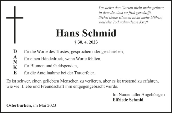 Traueranzeige von Hans Schmid von Fränkische Nachrichten