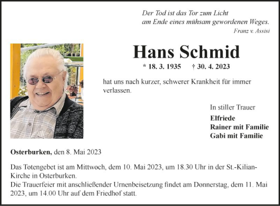 Traueranzeige von Hans Schmid von Fränkische Nachrichten