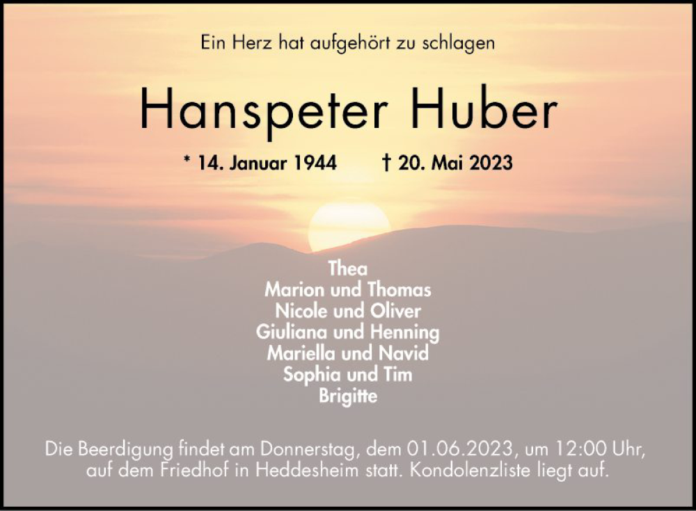  Traueranzeige für Hanspeter Huber vom 27.05.2023 aus Mannheimer Morgen