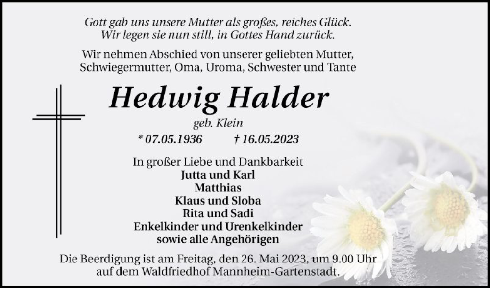  Traueranzeige für Hedwig Halder vom 20.05.2023 aus Mannheimer Morgen