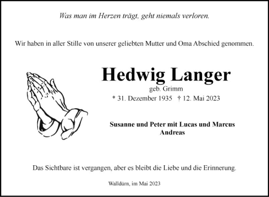 Traueranzeige von Hedwig Langer von Fränkische Nachrichten