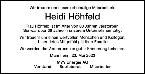 Traueranzeige von Heidi Höhfeld von Mannheimer Morgen