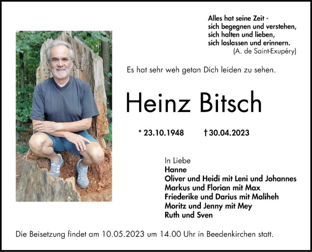  Traueranzeige für Heinz Bitsch vom 06.05.2023 aus Bergsträßer Anzeiger