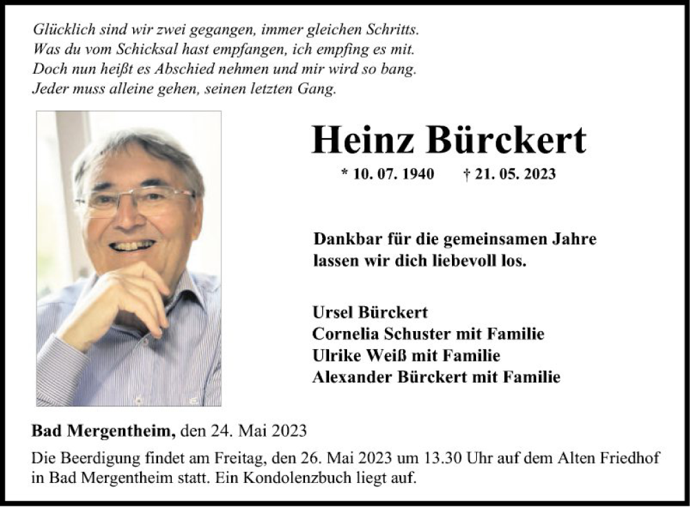  Traueranzeige für Heinz Bürckert vom 24.05.2023 aus Fränkische Nachrichten