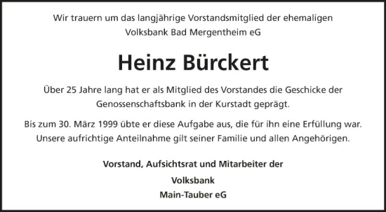 Traueranzeige von Heinz Bürckert von Fränkische Nachrichten