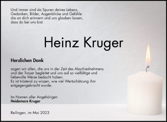 Traueranzeige von Heinz Kruger von Schwetzinger Zeitung