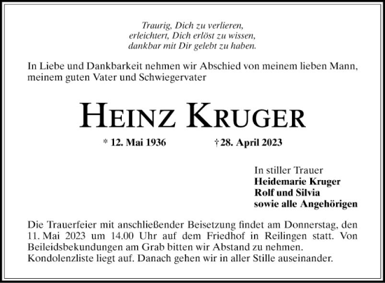 Traueranzeige von Heinz Kruger von Schwetzinger Zeitung