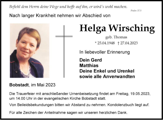 Traueranzeige von Helga Wirsching von Fränkische Nachrichten