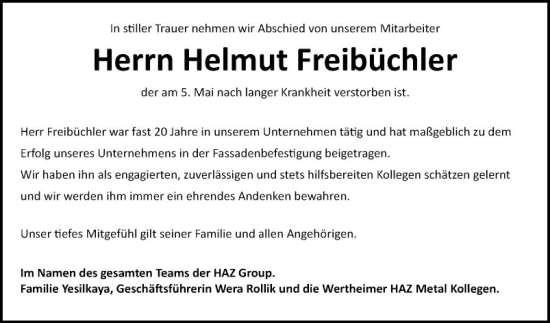 Traueranzeige von Helmut Freibüchler von Fränkische Nachrichten