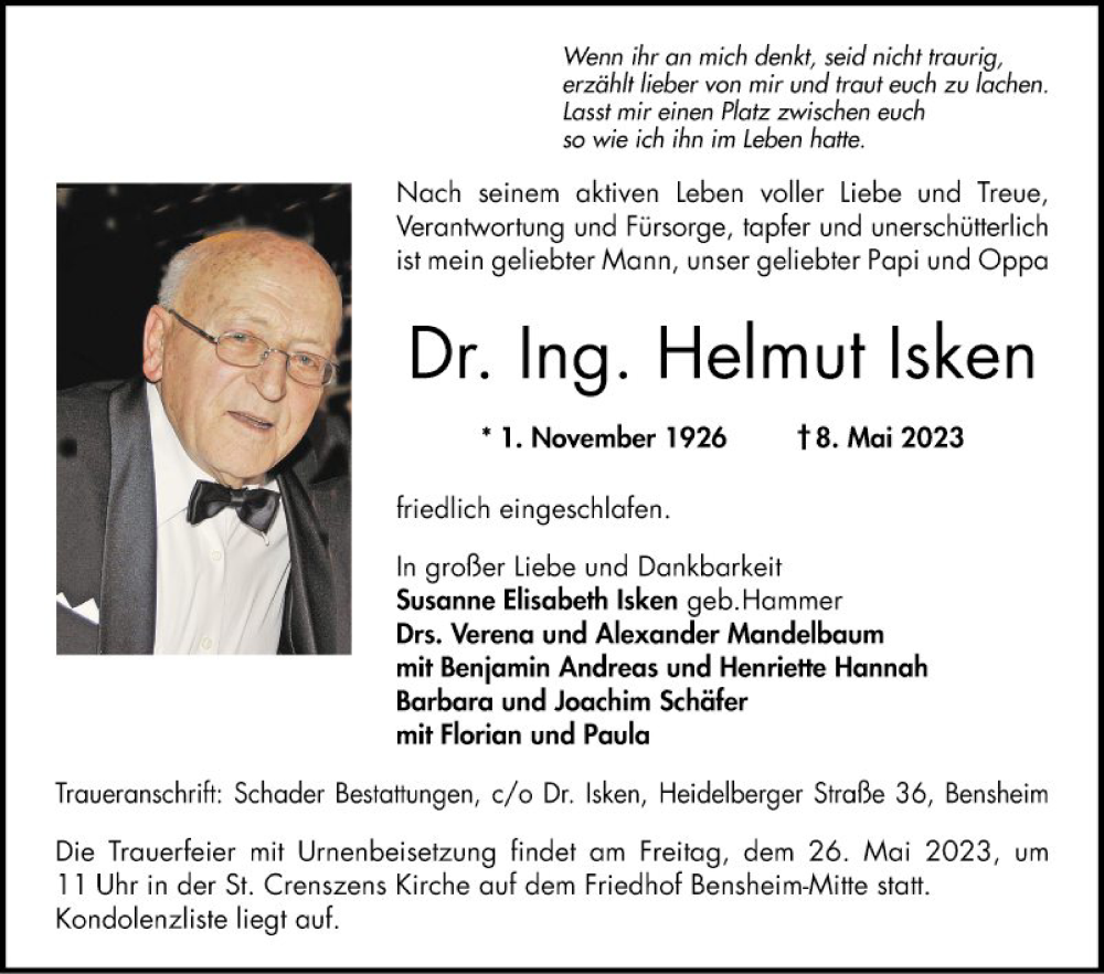  Traueranzeige für Helmut Isken vom 13.05.2023 aus Bergsträßer Anzeiger