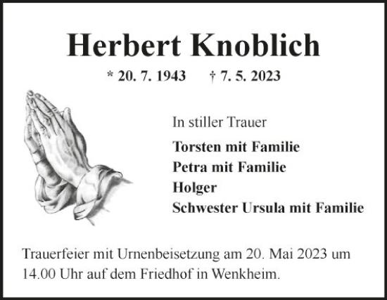 Traueranzeige von Herbert Knoblich von Fränkische Nachrichten