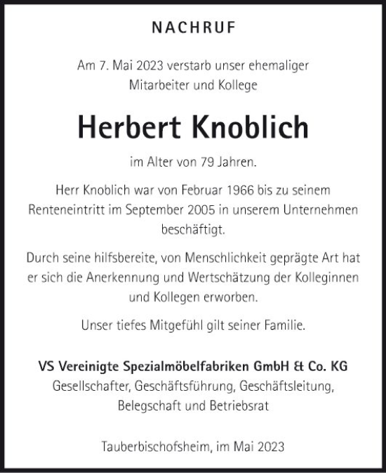 Traueranzeige von Herbert Knoblich von Fränkische Nachrichten