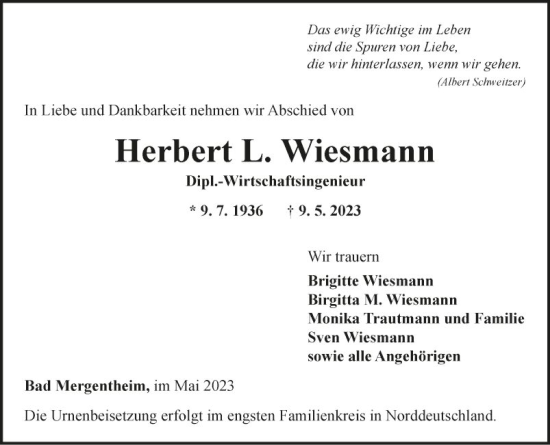 Traueranzeige von Herbert L. Wiesmann von Fränkische Nachrichten