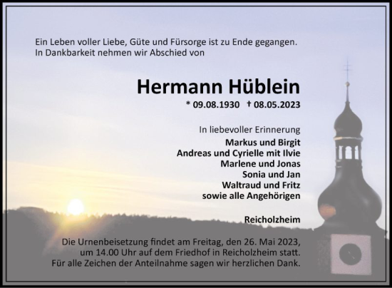 Traueranzeige von Hermann Hüblein von Fränkische Nachrichten