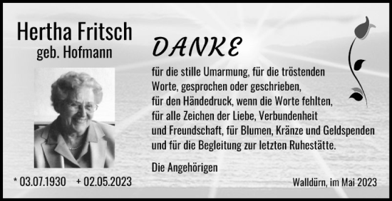 Traueranzeige von Hertha Fritsch von Fränkische Nachrichten