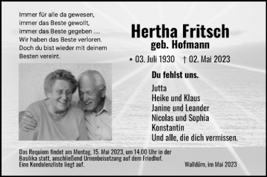 Traueranzeige von Hertha Fritsch von Fränkische Nachrichten