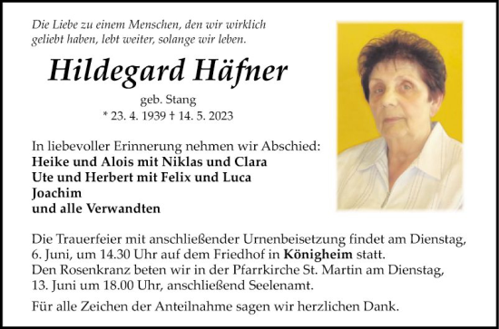 Traueranzeige von Hildegard Häfner von Fränkische Nachrichten
