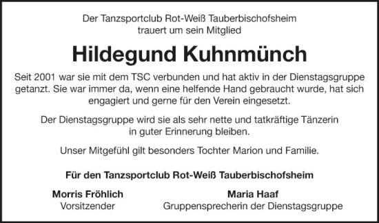 Traueranzeige von Hildegund Kuhnmünch von Fränkische Nachrichten