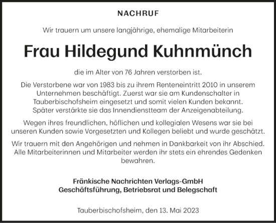 Traueranzeige von Hildegund Kuhnmünch von Fränkische Nachrichten