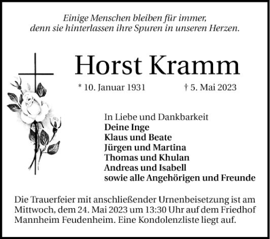 Traueranzeige von Horst Kramm von Mannheimer Morgen