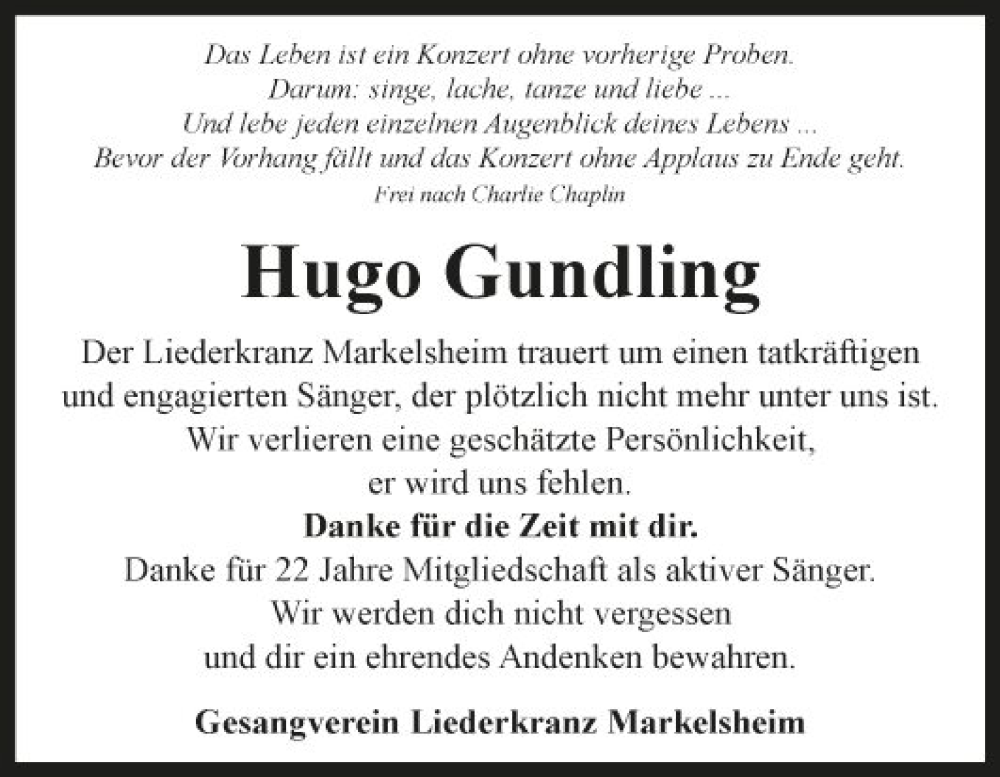  Traueranzeige für Hugo Gundling vom 27.05.2023 aus Fränkische Nachrichten