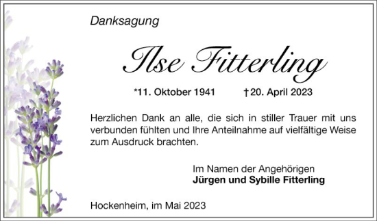 Traueranzeige von Ilse Fitterling von Schwetzinger Zeitung