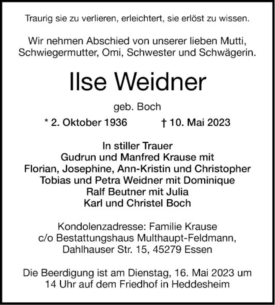  Traueranzeige für Ilse Weidner vom 13.05.2023 aus Mannheimer Morgen