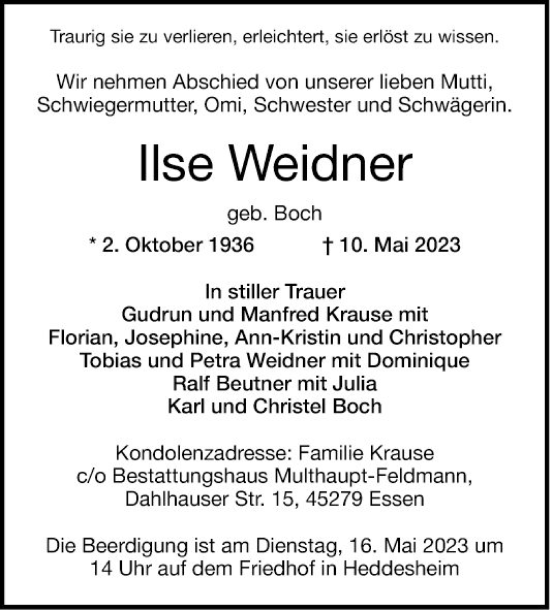 Traueranzeige von Ilse Weidner von Mannheimer Morgen