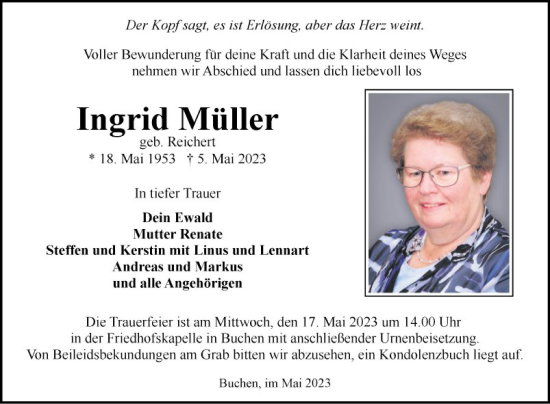 Traueranzeige von Ingrid Müller von Fränkische Nachrichten