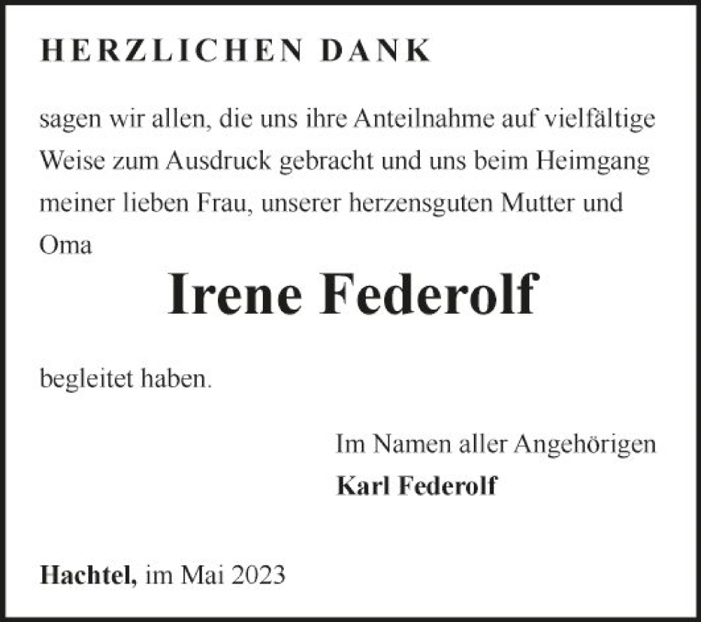  Traueranzeige für Irene Federolf vom 06.05.2023 aus Fränkische Nachrichten