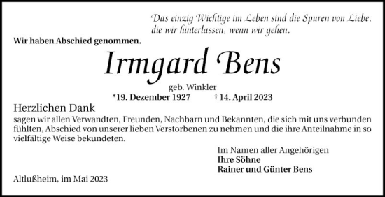 Traueranzeige von Irmgard Bens von Schwetzinger Zeitung