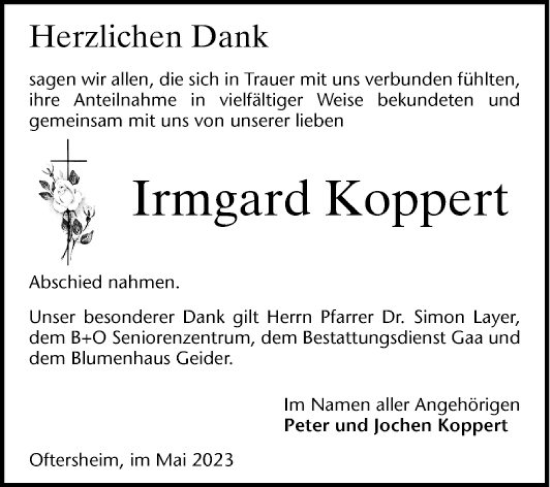 Traueranzeige von Irmgard Koppert von Schwetzinger Zeitung