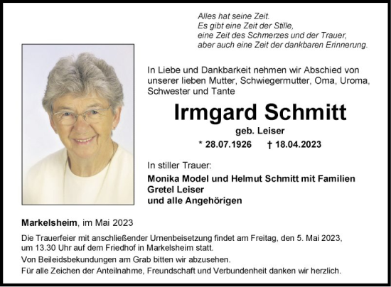 Traueranzeige von Irmgard Schmitt von Fränkische Nachrichten