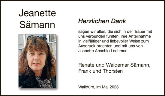 Traueranzeige von Jeanette Sämann von Fränkische Nachrichten