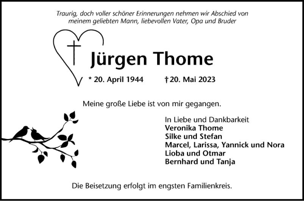  Traueranzeige für Jürgen Thome vom 25.05.2023 aus Schwetzinger Zeitung