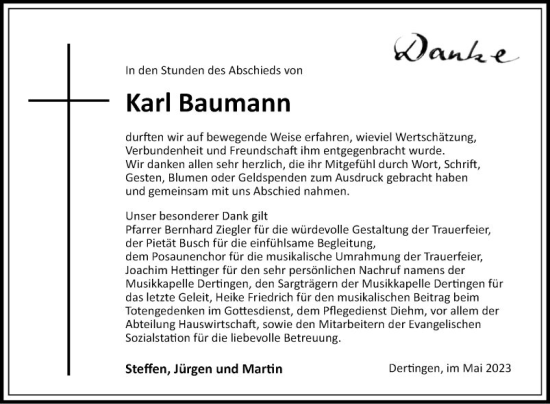 Traueranzeige von Karl Baumann von Fränkische Nachrichten