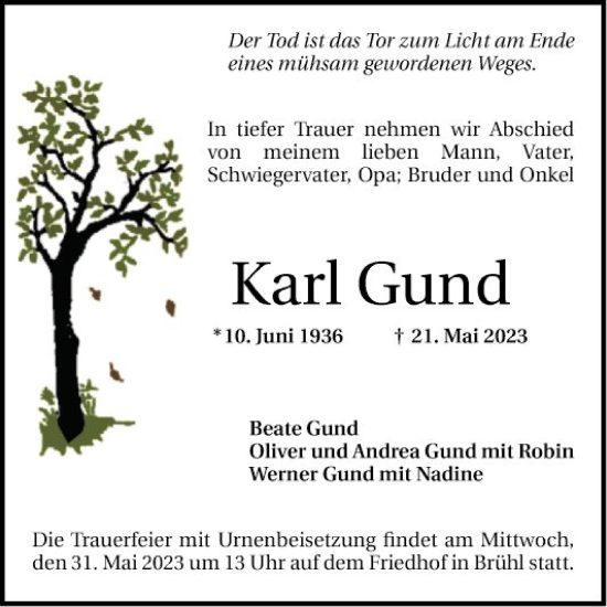 Traueranzeige von Karl Gund von Schwetzinger Zeitung