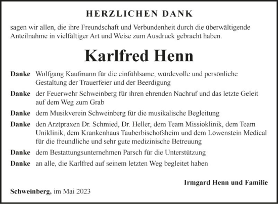 Traueranzeige von Karlfred Henn von Fränkische Nachrichten