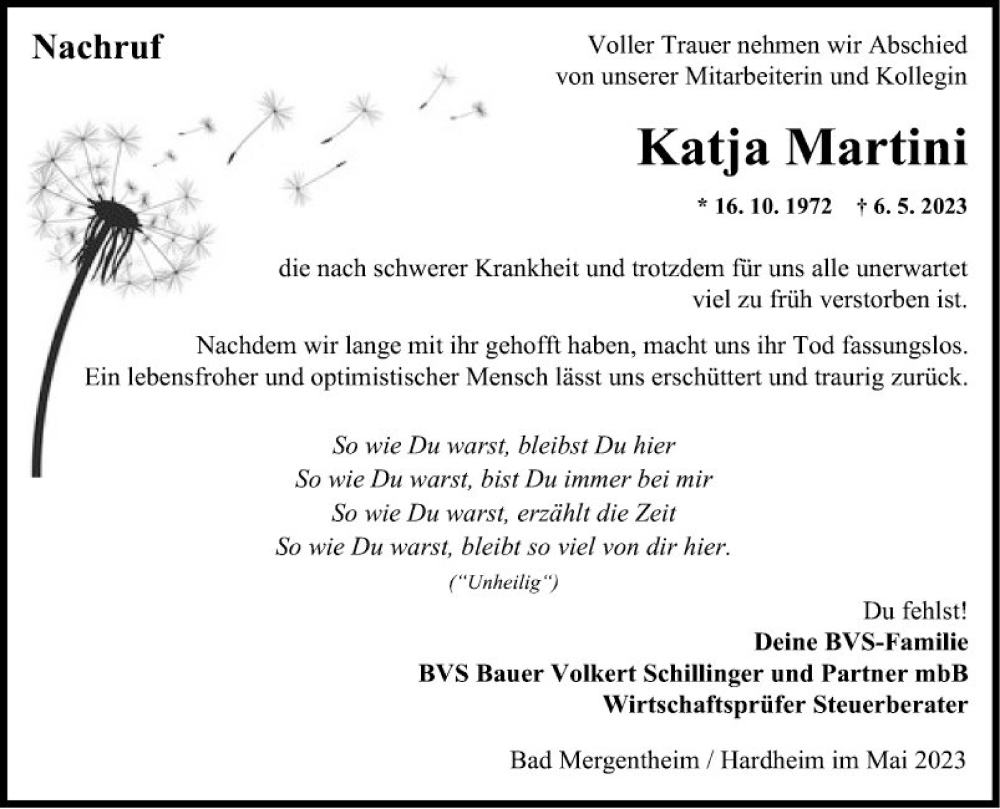  Traueranzeige für Katja Martini vom 27.05.2023 aus Fränkische Nachrichten