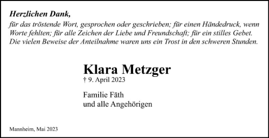 Traueranzeige von Klara Metzger von Mannheimer Morgen