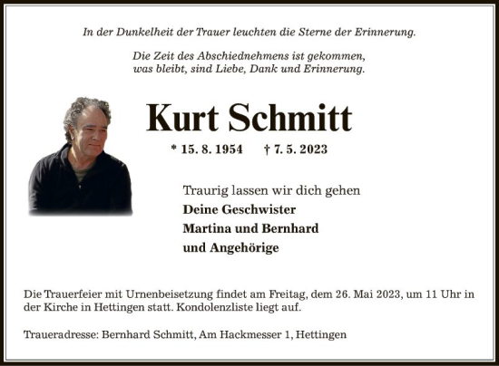 Traueranzeige von Kurt Schmitt von Fränkische Nachrichten