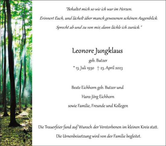 Traueranzeige von Leonore Jungklaus von Mannheimer Morgen