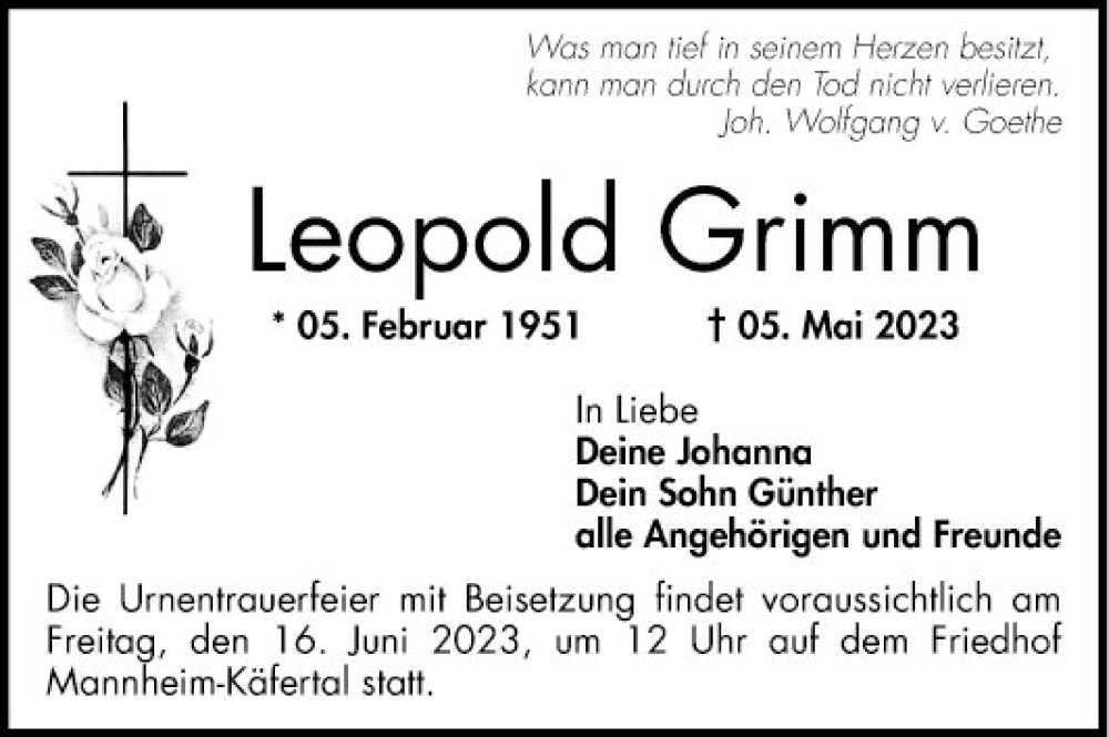  Traueranzeige für Leopold Grimm vom 13.05.2023 aus Mannheimer Morgen