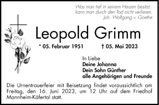 Traueranzeige von Leopold Grimm von Mannheimer Morgen