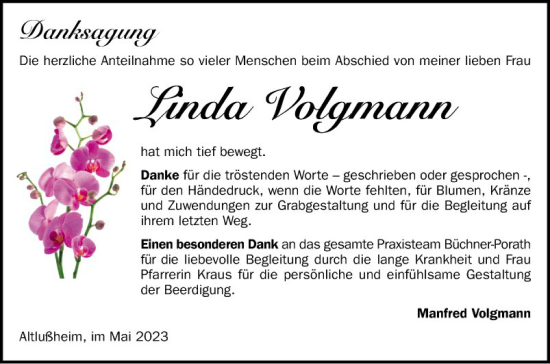 Traueranzeige von Linda Volgmann von Schwetzinger Zeitung