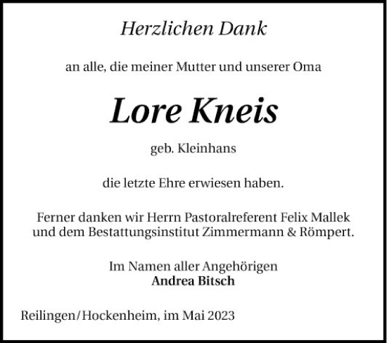 Traueranzeige von Lore Kneis von Schwetzinger Zeitung