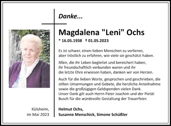 Traueranzeige von Magdalena Ochs von Fränkische Nachrichten