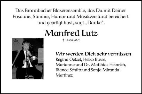 Traueranzeige von Manfred Lutz von Fränkische Nachrichten