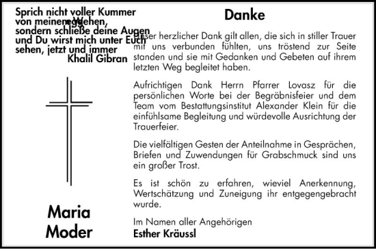 Traueranzeigen Von Maria Moder | Trauerportal Ihrer Tageszeitung