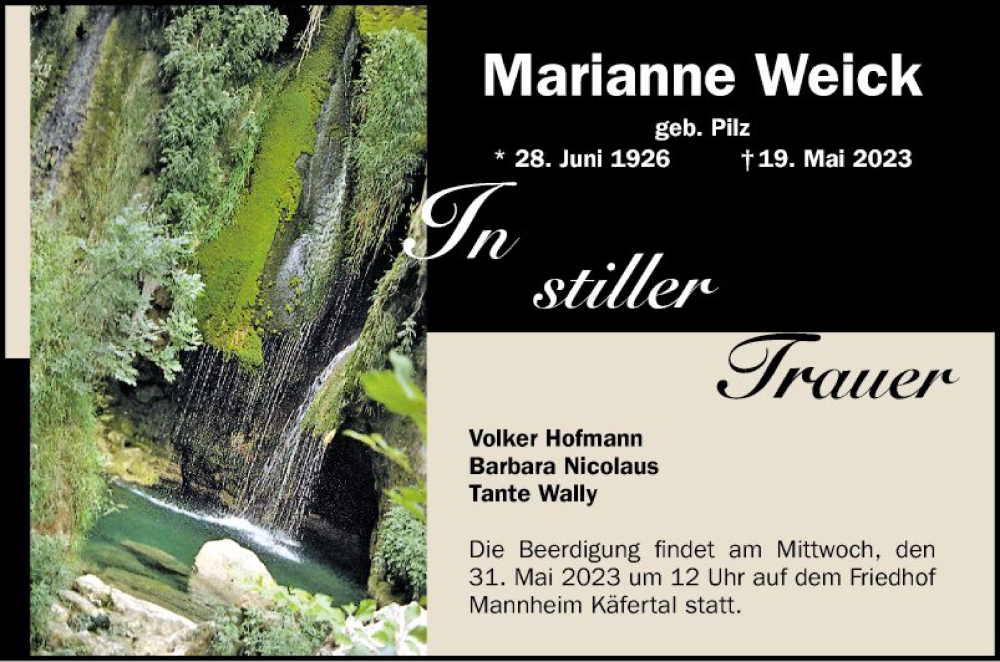  Traueranzeige für Marianne Weick vom 26.05.2023 aus Mannheimer Morgen